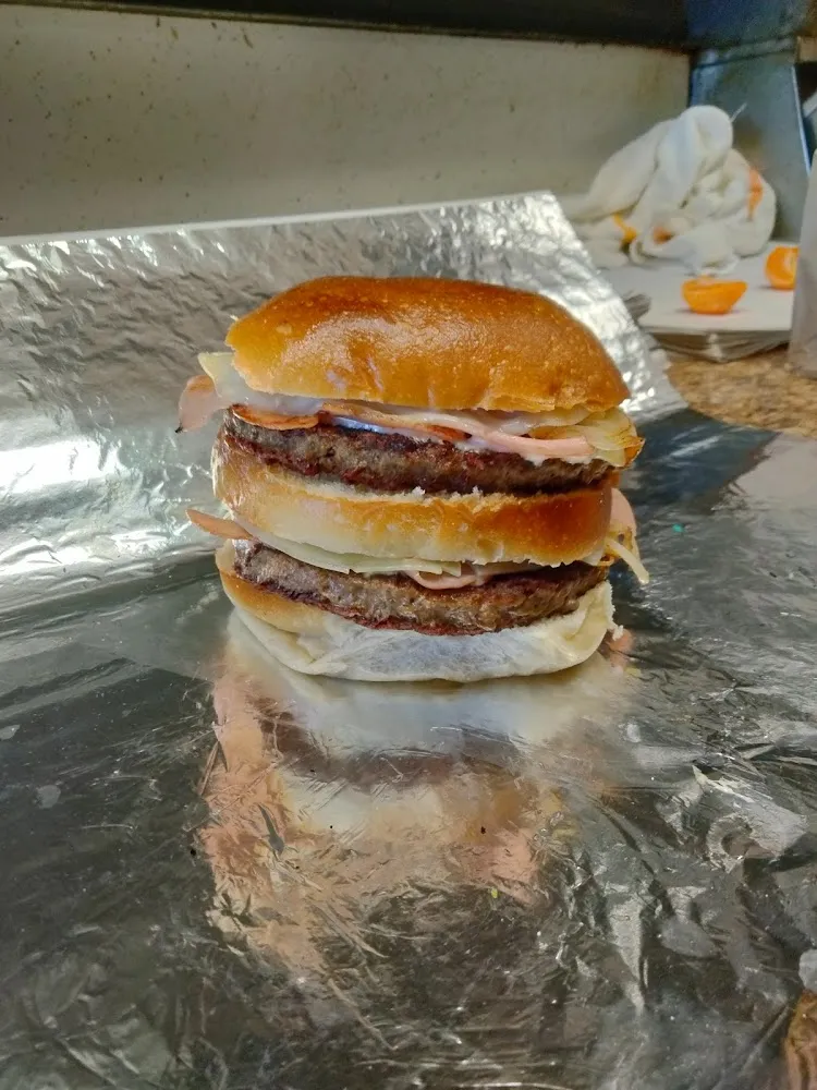 Double Cheese Burger with Ham and Fried Onions